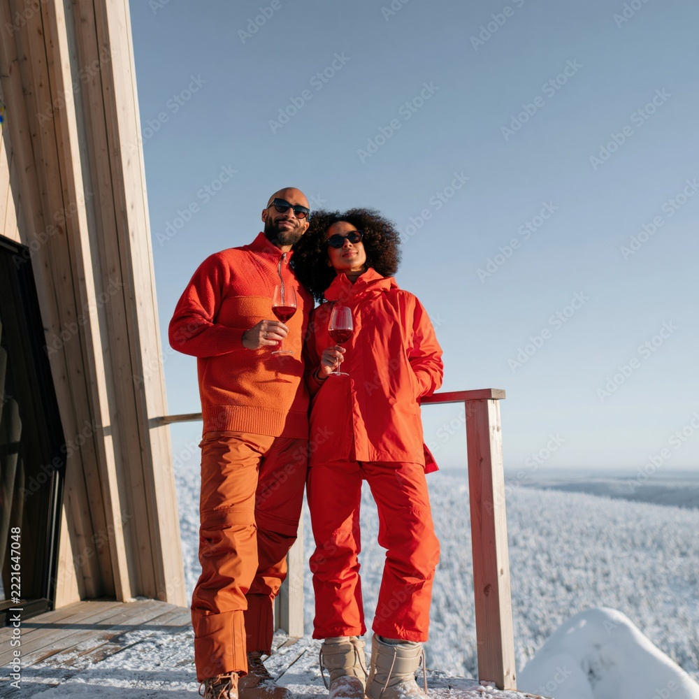 Fototapeta premium Couple in matching orange winter outfits drinking wine on a snowy mountain balcony for winter lifestyle background and apres-ski romance banner
