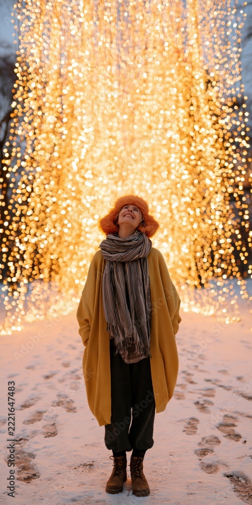 Fototapeta premium Woman standing before cascade lights display winter background for holiday poster and wallpaper design