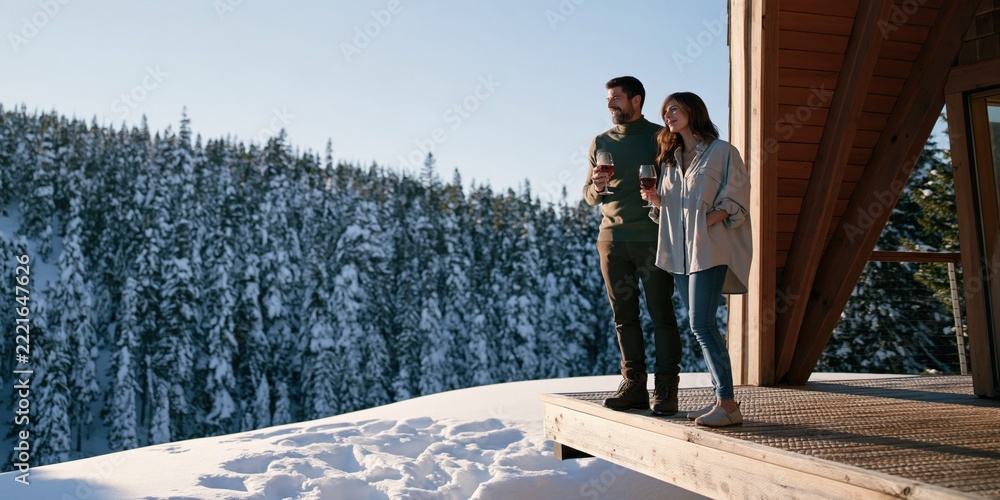 Fototapeta premium Winter mountain cabin couple standing on a snowy deck with wine overlooking a forested landscape for romantic getaway background and travel retreat design