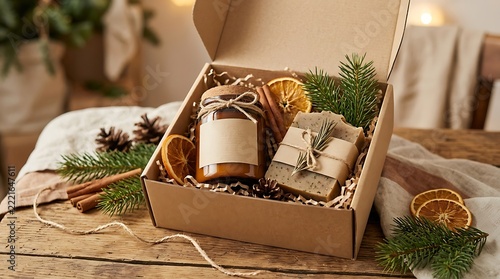 Eco-conscious Christmas gift set with handmade soap and scented candle in a cardboard box