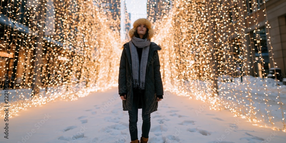 Fototapeta premium Woman in parka standing in urban light tunnel with holiday fairy lights for festive winter background and banner