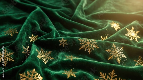 Luxurious emerald velvet fabric with golden snowflakes for festive