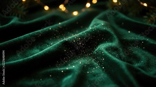 Luxurious emerald velvet fabric with sparkling gold dust for elegant