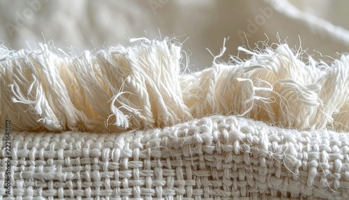 Rough white woven fabric edge with frayed threads