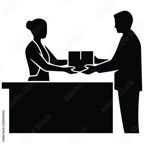 Black silhouette clerk handing package over counter to customer for delivery service conceptual.