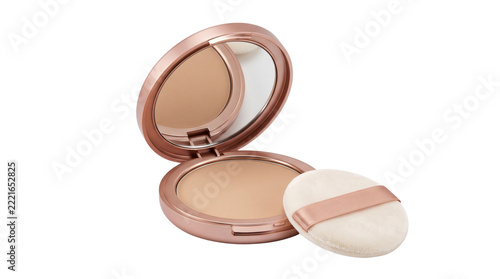 Rose gold makeup compact with pressed face powder and mirror, professional cosmetic foundation with soft applicator puff, luxury beauty product isolated PNG with Transparent Background