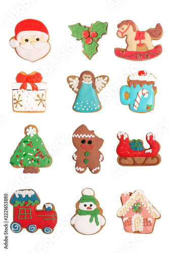 Vertical Christmas gingerbread cookies set PNG isolated on transparent background with 12 decorated icing cookies including santa snowman sleigh and gingerbread man