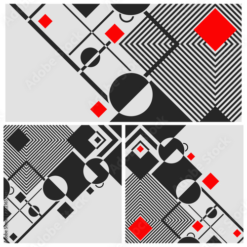 Abstract geometric vector background set in constructivism and suprematism style. Minimalist avant-garde composition with black, white, and red shapes, lines, circles.