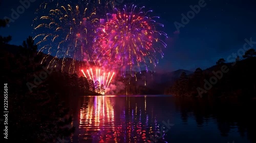 New Year fireworks over mountain lake with water reflections at midnight