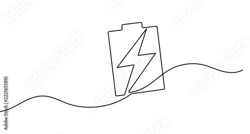 Battery continuous line art, energy charging symbol and wave flow, editable stroke minimal outline vector illustration.