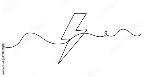Lightning continuous line art, single stroke bolt symbol and wave flow, editable stroke minimal outline vector illustration.