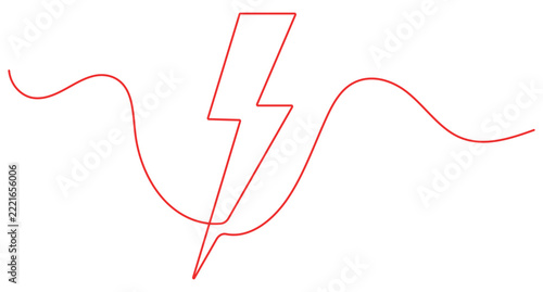 Lightning continuous line art, red bolt symbol and wave flow, editable stroke minimal outline vector illustration.
