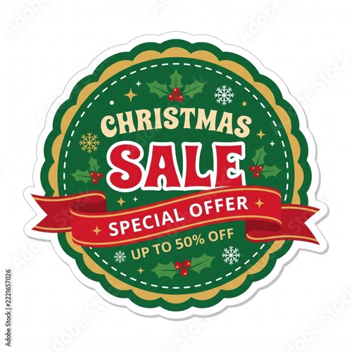Round Christmas Sale Sticker Isolated on White Background