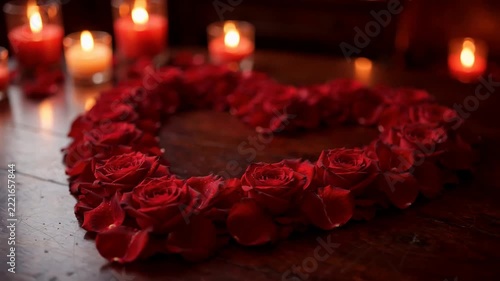 Heart shape of red rose petals with candlelight for Valentine's Day