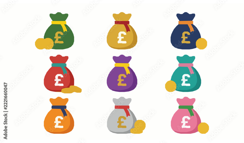 Fototapeta premium Colorful flat pound sterling money bags set with gold coins and sparkles for UK business profit and investment concept design