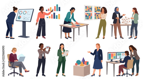 Professional women analyze business data charts and creative designs.