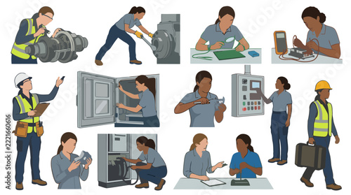 Female engineers inspecting industrial machinery and control panels work.