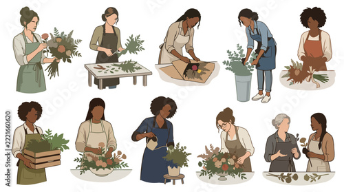 Floral designer character set crafting bouquets and plant arrangements.