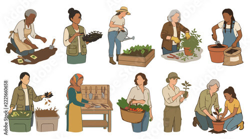 Gardener character set working on plant care and vegetable garden.
