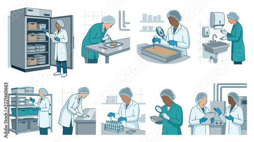 Laboratory technician character set conducting food quality testing.