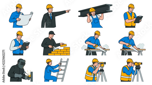 Professional Construction Workers and Builders Set for Architecture and Engineering Projects Illustration