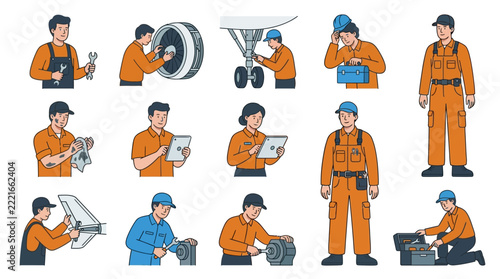 Professional Aircraft Maintenance Engineers Working on Airplane Components and Engines Set
