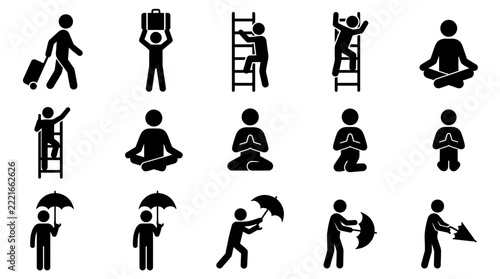 Black Silhouette Icon Collection Featuring People Performing Various Daily Physical Activities and Poses