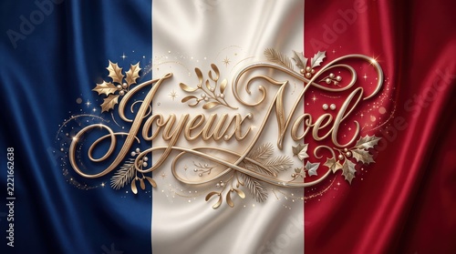 French luxury Christmas greeting with ornate gold calligraphy across a silk tricolor flag