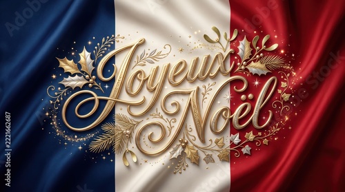 French luxury Christmas greeting with ornate gold calligraphy across a silk tricolor flag