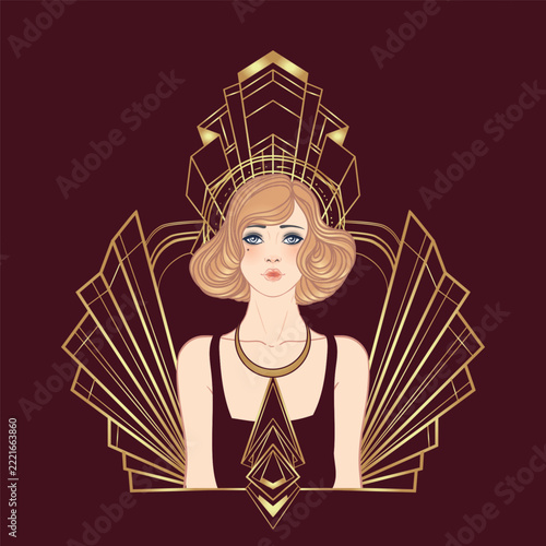 Art Deco design template with elegant flapper girl, geometric shapes, and decorative elements in dusty rose and gold tones. Perfect for invitations, fashion branding, events, or digital decor.