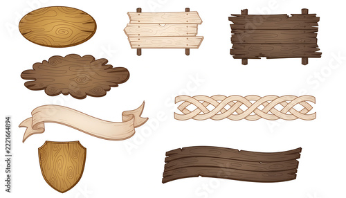 A collection of rustic wooden signboards, plaques, ribbons, and shields featuring natural wood grain textures and decorative borders.