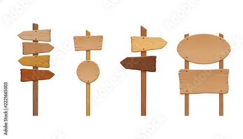 A set of rustic wooden signposts and directional arrow boards in various shapes with natural earth tone finishes