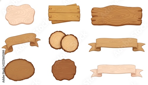 A versatile collection of rustic wooden design elements, featuring tree slice cross-sections, wooden banners, planks, and blank signboards with natural wood grain textures.