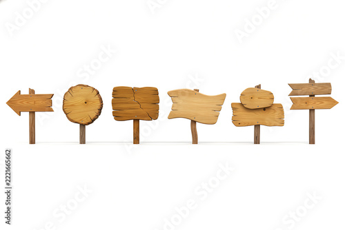 A set of rustic wooden signposts, directional pointers, and round cross-section notice boards with detailed natural wood grain textures.