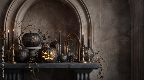 Luxury gothic Halloween mantel with black pumpkins and candles