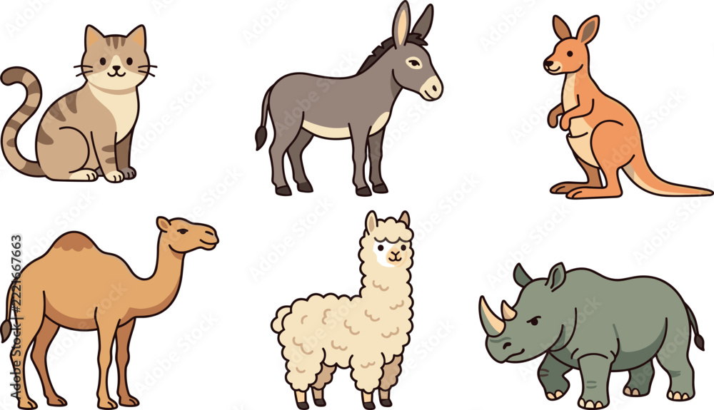 Fototapeta premium Cute Wild and Domestic Animals Cartoon Vector Set Featuring Kawaii Cat Kangaroo Camel Alpaca and Rhino for Kids Graphic Designs and Nursery Illustrations