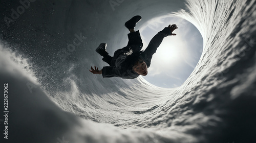 Man Falling Through Snowy Ice Tunnel in Freefall