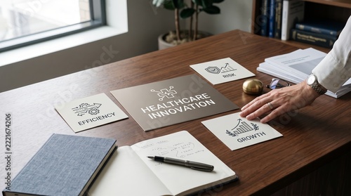 Hand touching healthcare innovation concept surrounded by efficiency, growth, and risk icons on a wooden desk