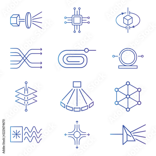 Premium Quantum Optical Laser Switching Mainframe And Advanced Photonic Routing Network Line Vector Icon Set
