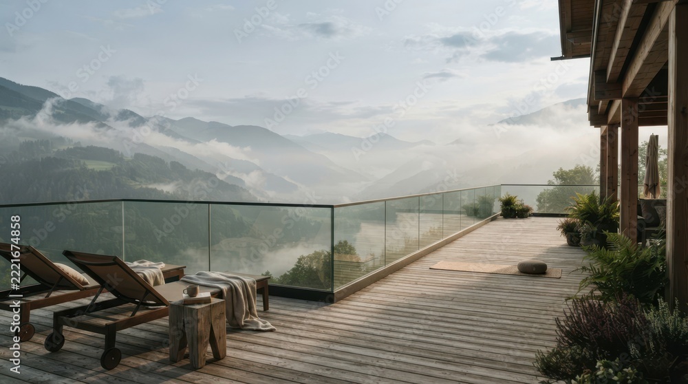 Fototapeta premium Wooden terrace with lounge chairs overlooking a misty mountain valley at early morning light