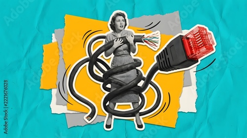 Retro collage of a woman tangled in a giant ethernet cable on crumpled paper   