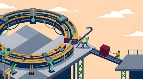 Engineers operating industrial circular machinery and conveyor bridge with cargo container in factory   