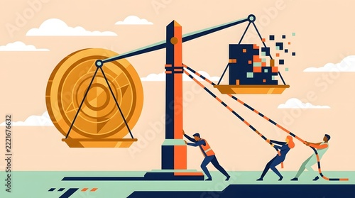 Group of workers pulling ropes on a giant balance scale weighing money and data   