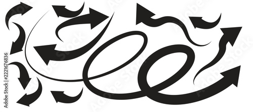 Swirling Curved Arrow Icons Set. Collection of looping and sweeping directional arrows representing movement, rotation and dynamic flow in bold vector design