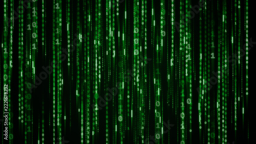 Green digital binary code falling down in vertical lines on a dark black computer screen background