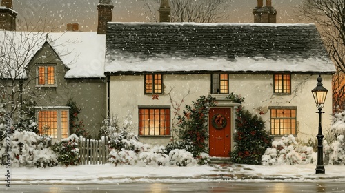 Snow covers a cozy house in a winter setting at dusk with warm lights glowing from windows