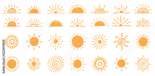 Sun icons. Sunrise or sunset, half of summer. Doodle sunshine ray, morning shine rise. Happy smile heat. Logotype hand drawn isolated elements, decorative minimal vector sketch style symbol