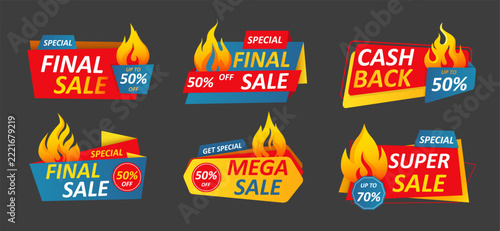 Sale promo badges set. Colorful discount labels with flame icons and percentage tags, retail promotion graphics for special offers, cashback deals, limited price. Vector illustration