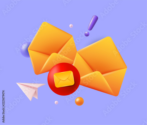 Email notification icon. 3D envelopes with alert badge, paper plane, exclamation mark, digital messaging, inbox updates, customer communication, online marketing. Vector render illustration