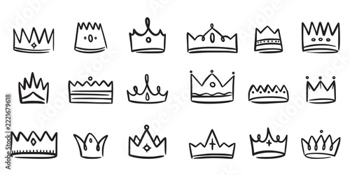 Crown icon. Doodle jewel sketch, yellow graffiti elements or modern success accessory. Royal queen silhouette. Different shapes and ornaments for logotype. Vector isolated illustration